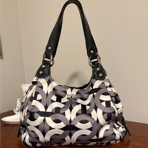 COACH Monochrome Geometric Satin Shoulder Bag with Two Silver Charms